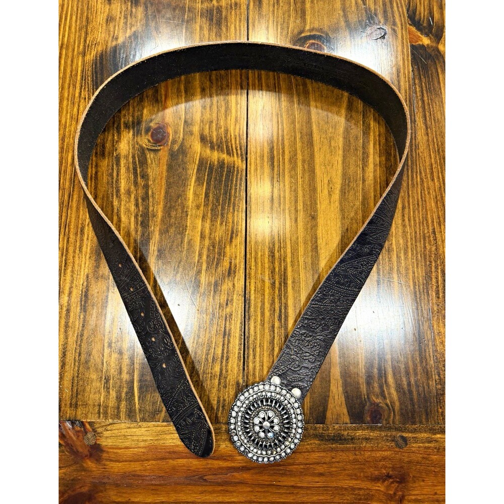 Vtg Fossil Tooled Leather Belt Rhinestone Medallion Buckle 39.5" Boho Y2K Read